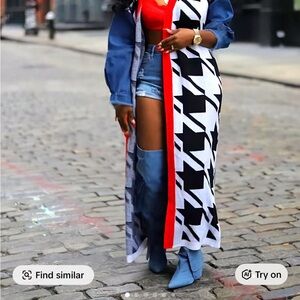 Stylish Black and White Houndstooth Long Vest